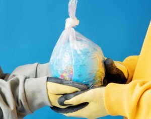 gloves with globe in plastic bag