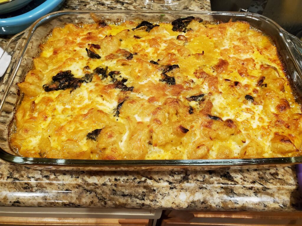 Butternut squash stuffed shells with sage topping in casserole dish, a new holiday recipe