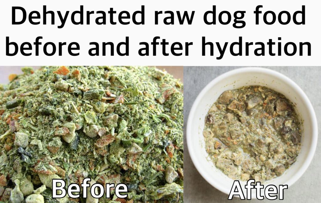 image showing before and after photo of dehydrated raw dog food before water is added to it