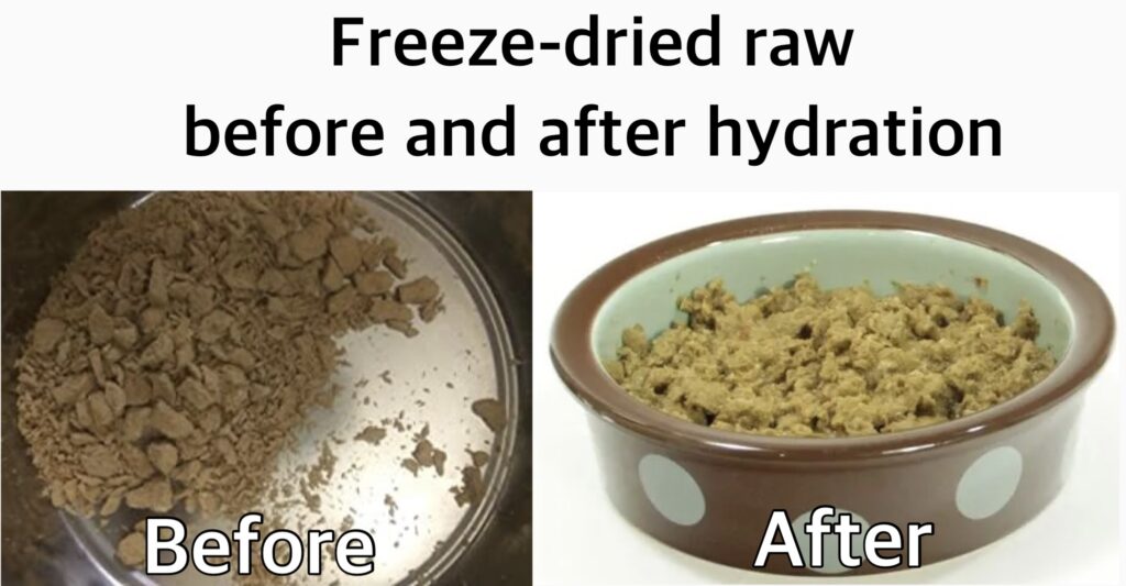 image showing a before and after photo of what freeze dried raw looks like before water is added to it