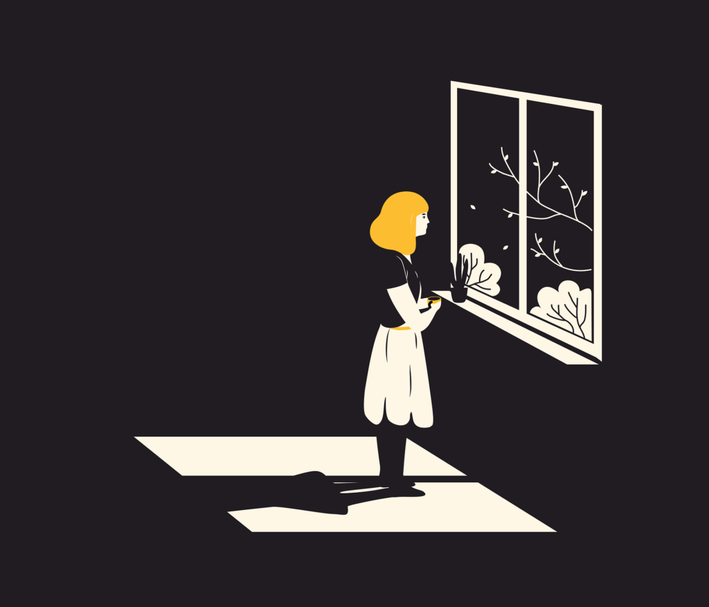 women looking out window in darkness