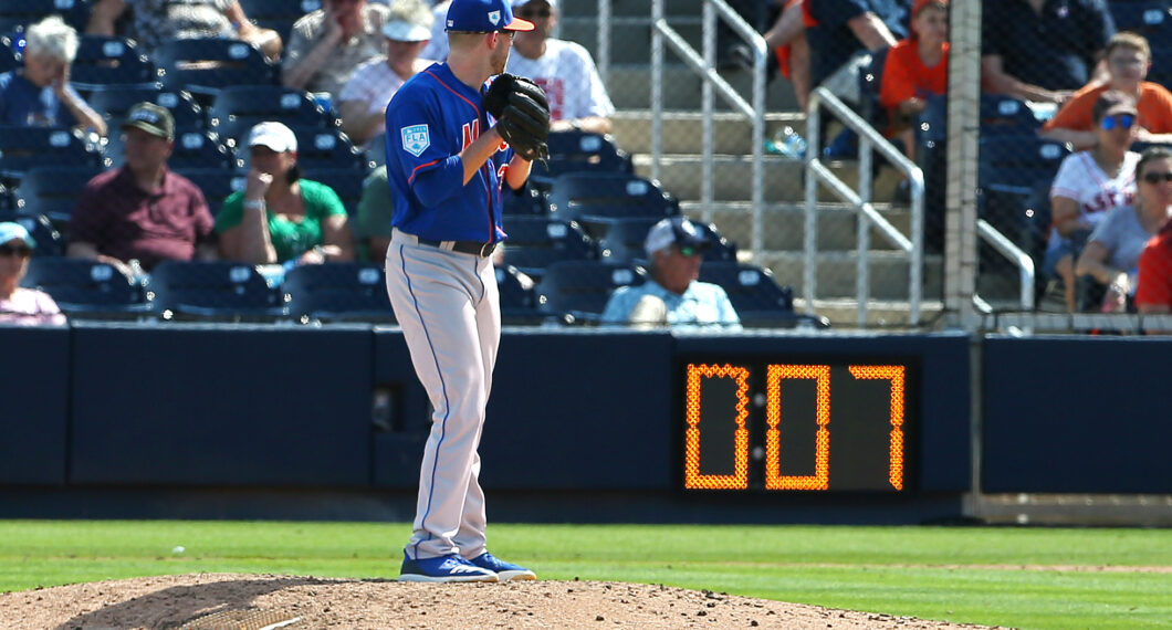The pitch clock is installed into every park in multiple places: behind home plate and in center field are the most important. Creator: Rich Schultz | Credit: TNS | Copyright: 2019 Getty Images