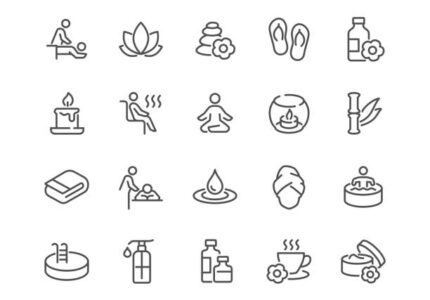Simple Set of SPA Related Vector Line Icons. 
Contains such Icons as Massage, Candle, Sauna and more.
Editable Stroke. 48x48 Pixel Perfect.