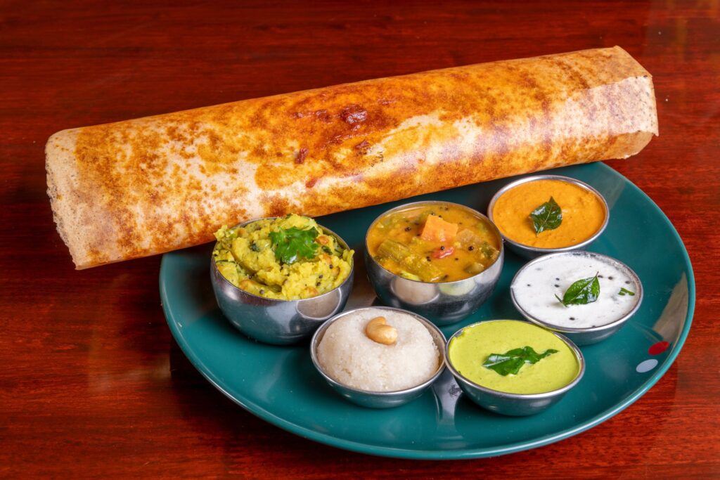 Dosa and dipping sauces