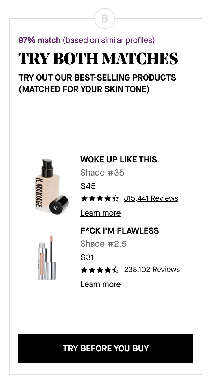 Screenshot of my foundation shade and concealer shade from Il Makiage's online shade matching quiz. 