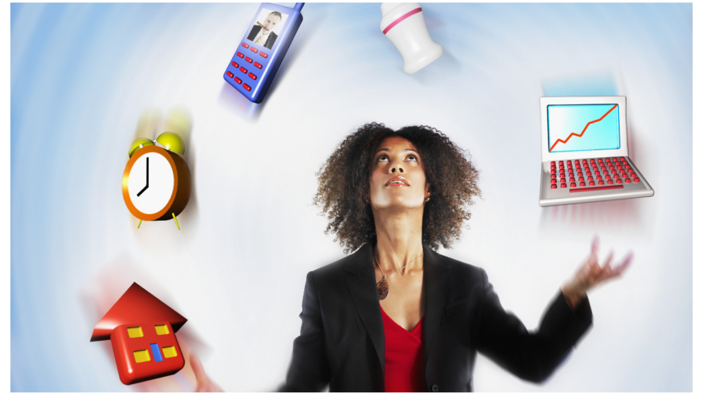 Woman juggling a laptop, baby bottle, phone, clock and house