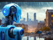Firefly blue humanoid robot center in frame, artificial intelligence and natural disaster response m (1)