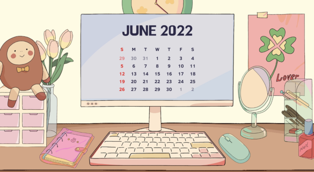 An aesthetic image of a cartoon computer on a desk with the June 2022 calendar on it