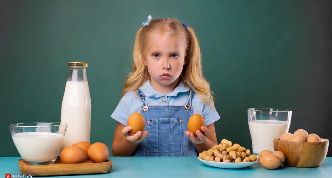 child living with food allergies frowning at eggs, milk, peanuts