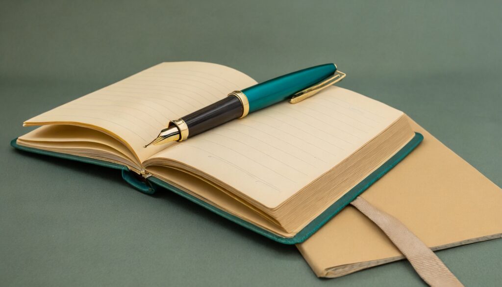 A dark green journal with a fountain pen
