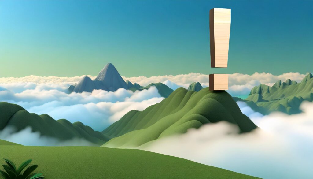 Exclamation mark on mountain in the clouds.