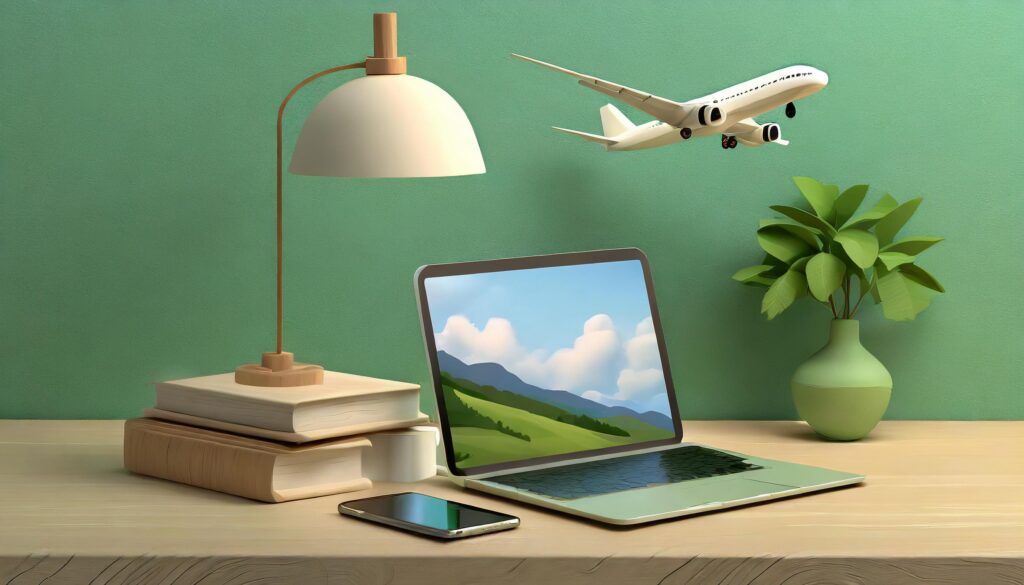 Desk that has a laptop, phone, books, a lamp and a plat with a small airplane flying.