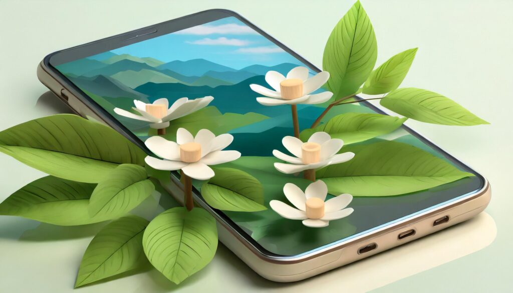 Mobile phone with flowers coming out of it.