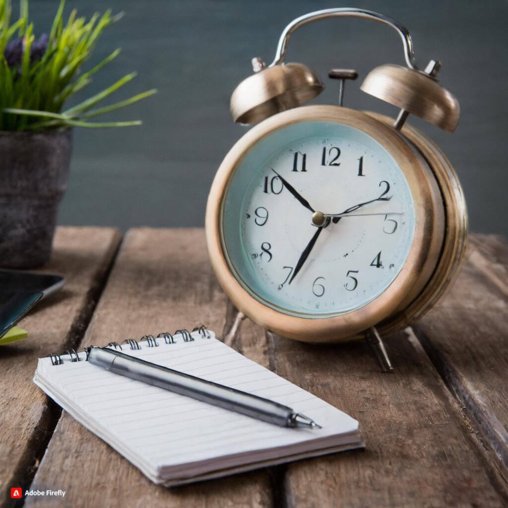 Clock next to a notepad. Helpful for keeping track of time in your time management journey.