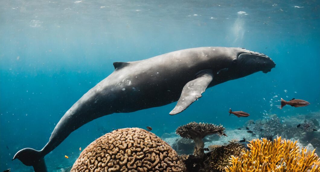 North Atlantic Right Whale, An endangered sea animal mentioned in the article.  Used Adobe Firefly