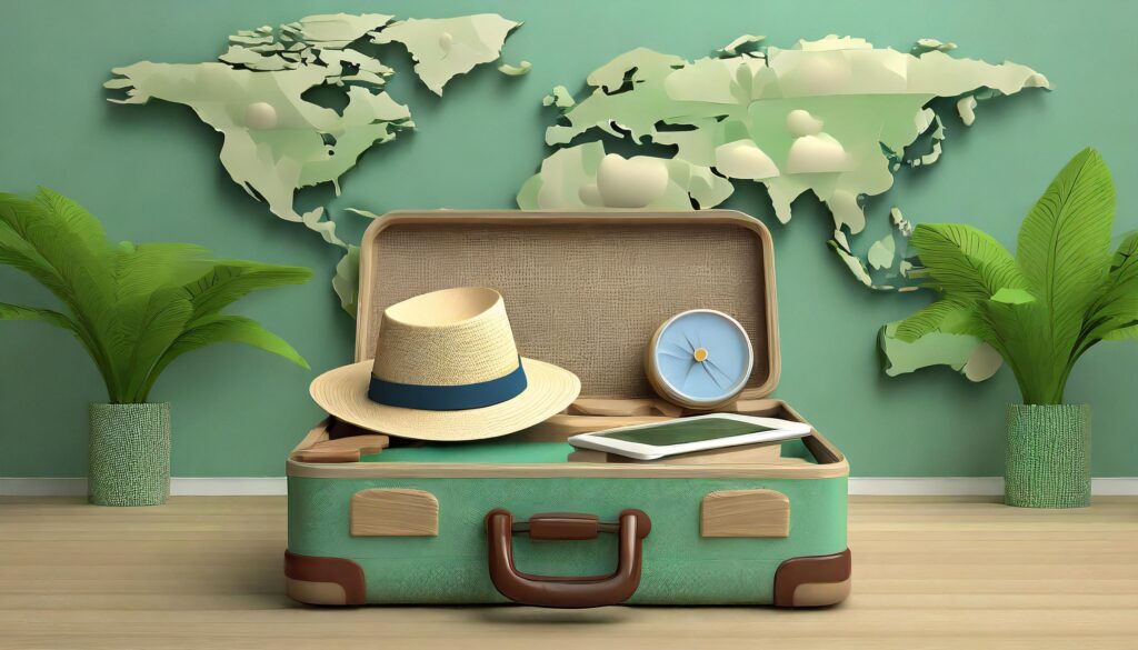 Opened suitcase with travel contents, with plants on the side and world map on the back wall.