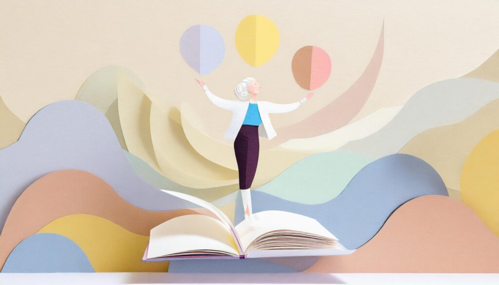 woman standing on an open book and juggling three balls