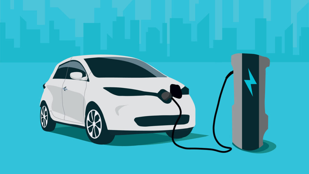 An electric vehicle (EV) charging at a station, representing clean and eco-friendly transportation.