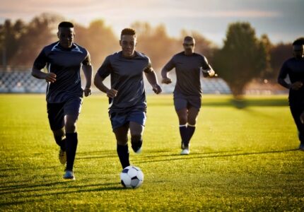Firefly editorial style photo of soccer players running on the field 43578