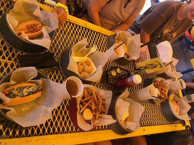 Hot dogs and fries served in dog bowls at Maui's dog house just outside of Cape May. 