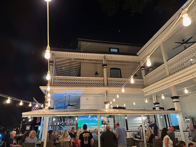 Cape May classic Victorian restaurant Elaine's with an outdoor bar and string lights