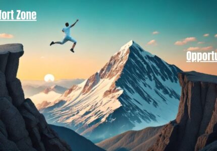 A man is jumping from one mountain which says "comfort zone" to the other mountain which says "opportunity"