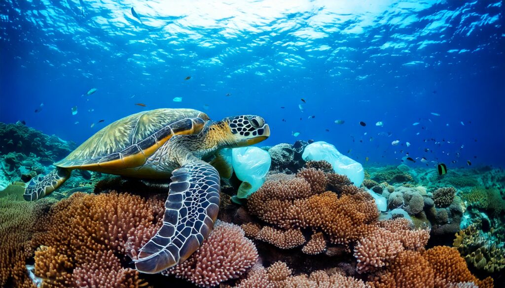 Sea Turtle living life below water on a coral reef covered in debris