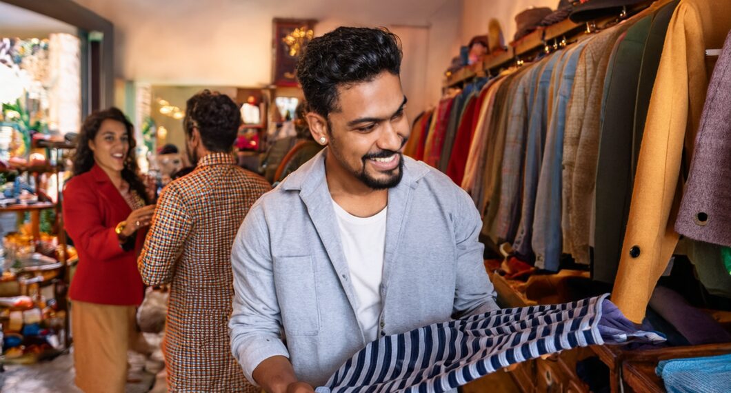 Firefly person finding design items in thritf store with friends, show more of a vintage store in th-2