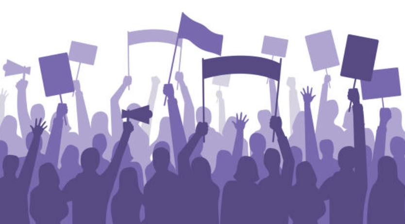 Silhouettes of protestors with flags, signs and megaphones.