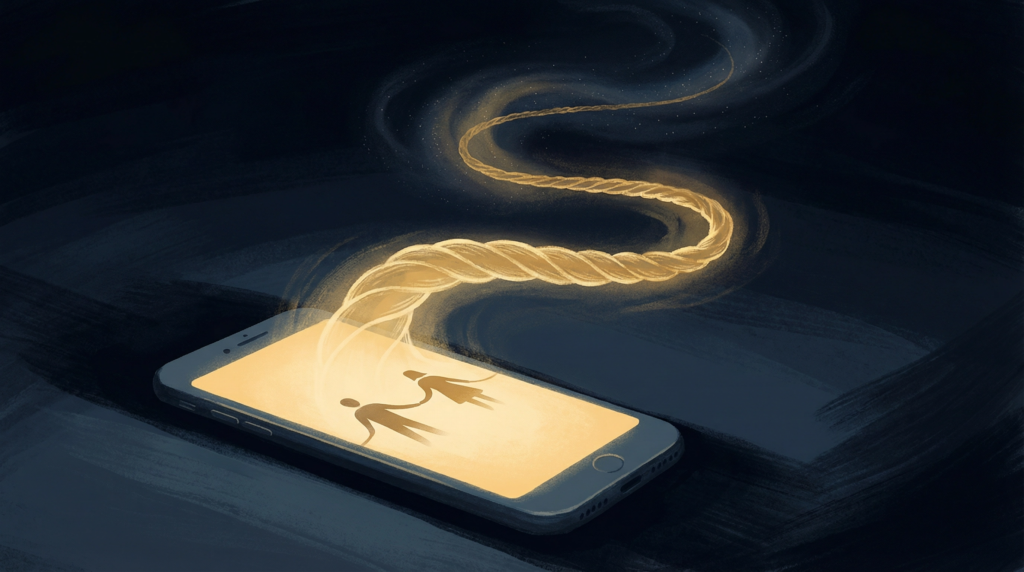 Cell phone with rope made of light reaching out from it