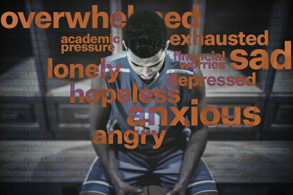 athlete with words around him that represent the things athletes struggle with their mental health