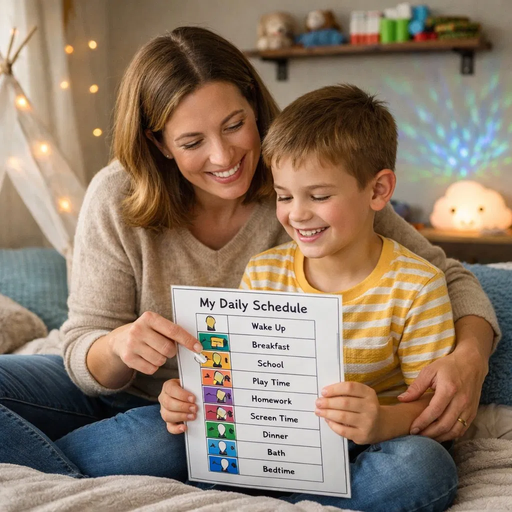 Mother and son looking at visual schedule.