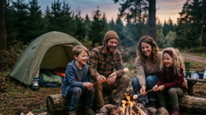 Family sitting around a campfire.