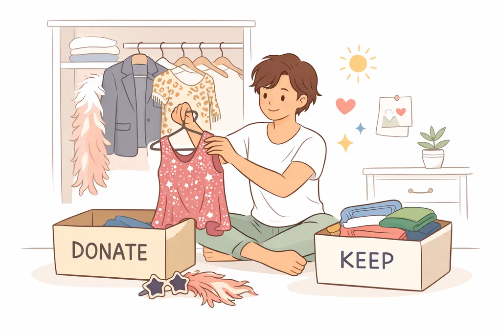 A girl is cleaning out her wardrobe, deciding whether to keep or donate items that she truly likes or dislikes.