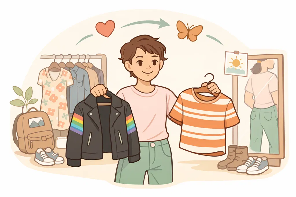 Someone chooses between two clothing items to see which one expresses her more. Representing how to find your personal style.
