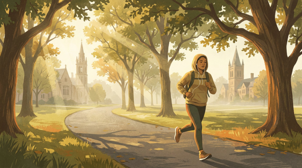Student running on university campus