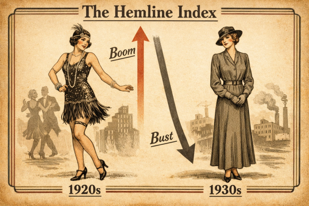 "Old School" image titled "The Hemline Index." Shows a cartoon flapper from the 1920s with a short dress and a woman in the 1930s dressed in a long, modest dress. Depicts an example of economics in fashion.