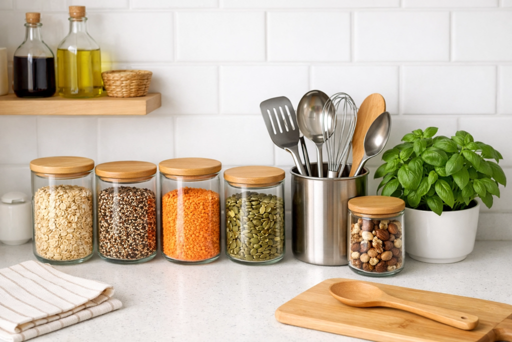 Kitchen set up with herbs and a plant