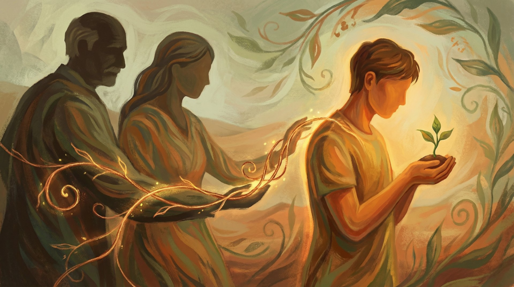 Person holding plant with tendrils of light reaching back to ancestors behind them