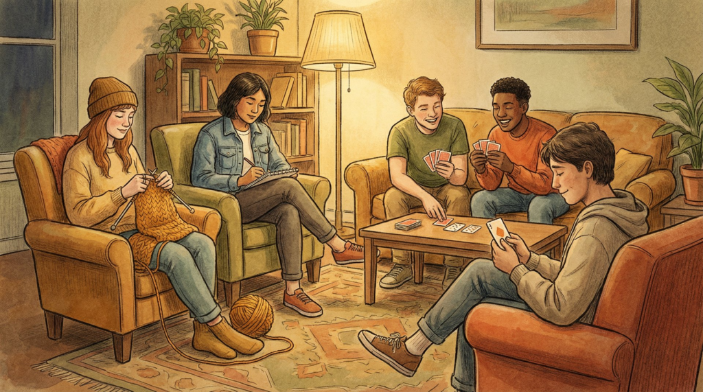 Group of students playing cards and making crafts