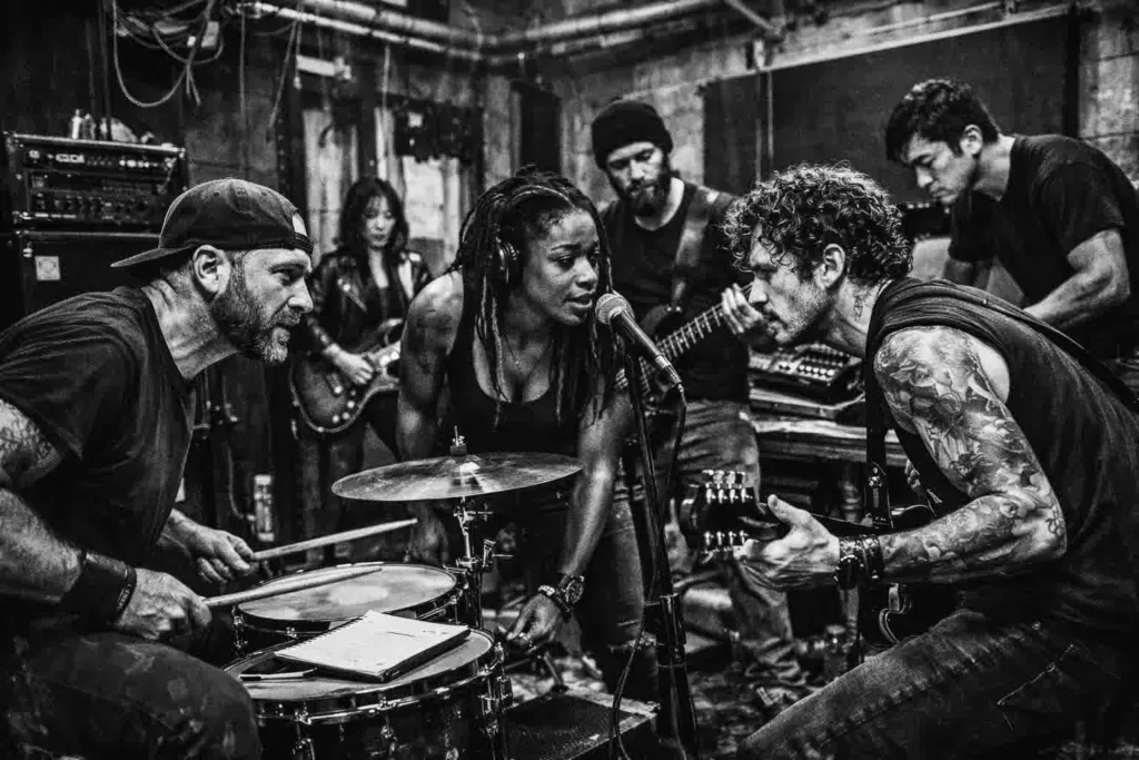 Image of a rock band jamming out