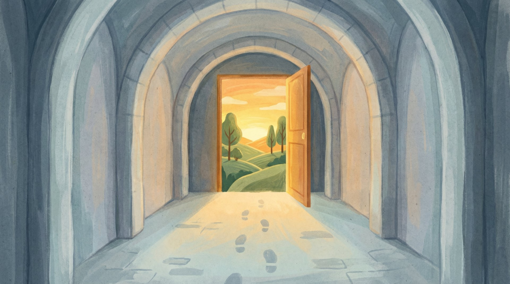 Hallways leading to an open door to a bright horizon