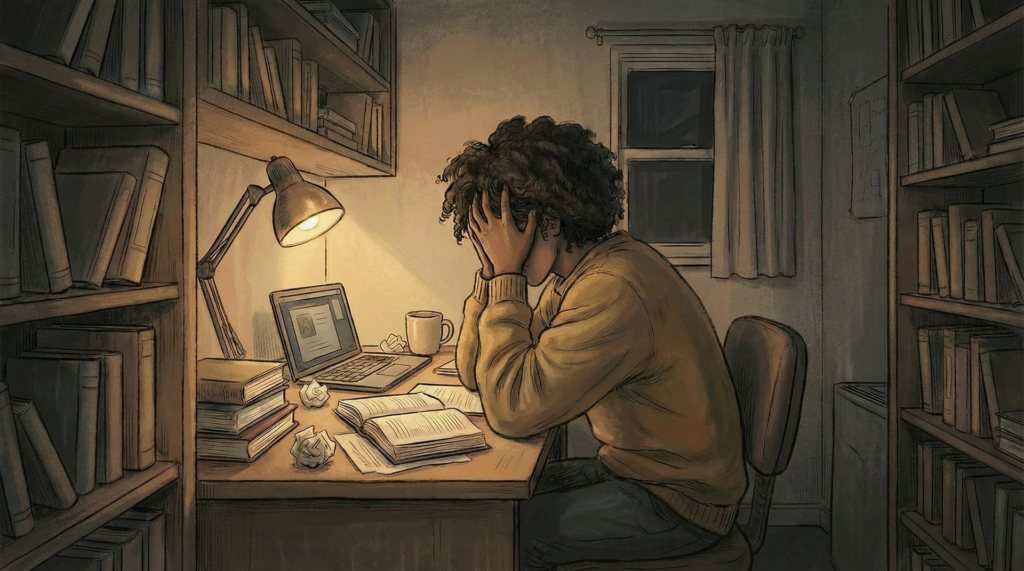Overwhelmed college student at desk