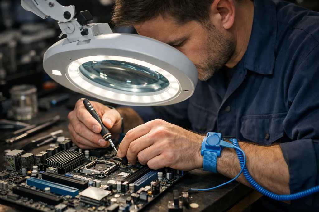 Repair person working on electronics