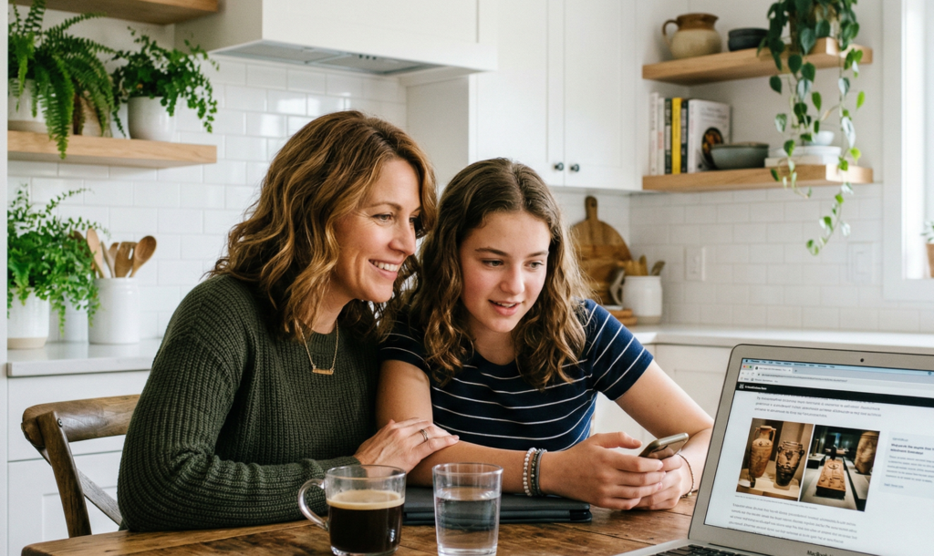 Mother and daughter sitting, smiling and looking at something together on a smart phone in the kitchen.