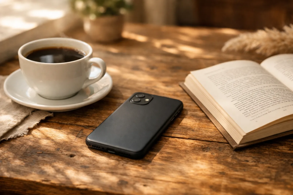 Studying with phone and coffee
