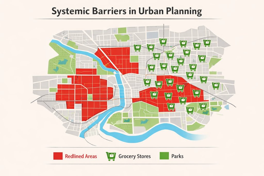 graph showing systemic barriers, causing food deserts in urban areas