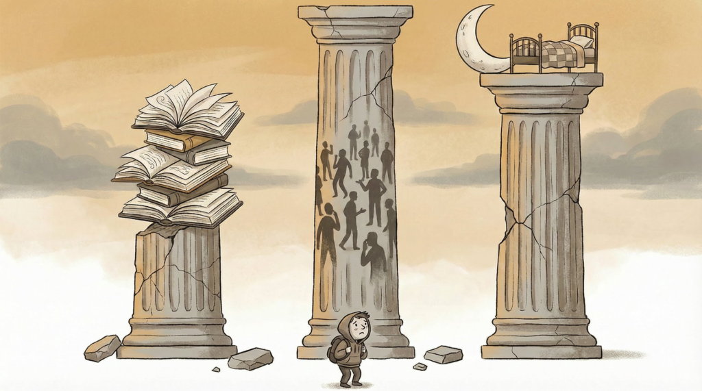 Student looking up at three pillars with books, parties, and a bed on top of them