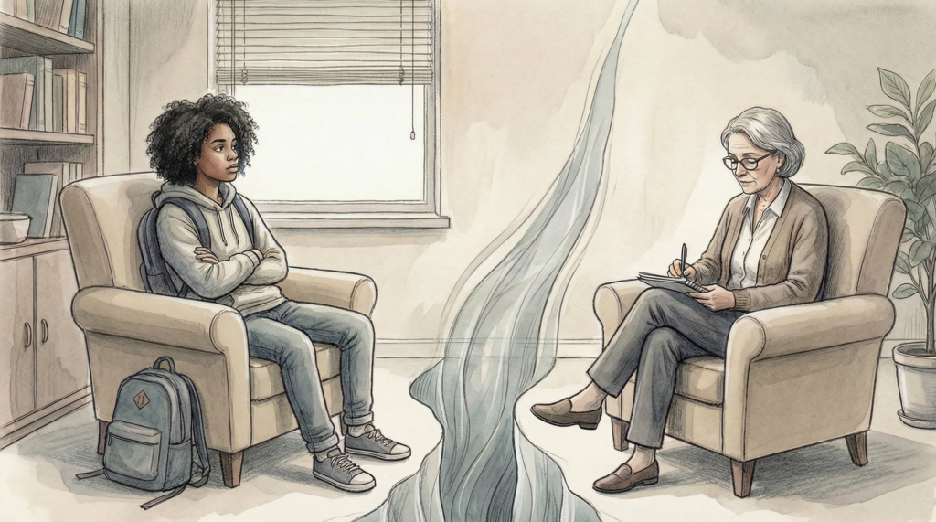Student talking to therapist with a chasm between them