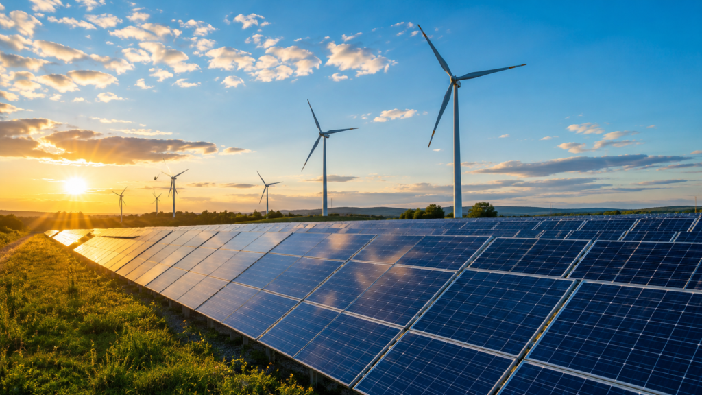 A high-quality, inspiring photo of a solar farm or wind turbines which are sustainable energy solutions.